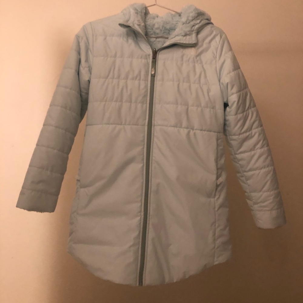 EUC Reversible Mossbud Light Baby Blue Fuzzy Soft Parka Sleeping Bag Winter Coat